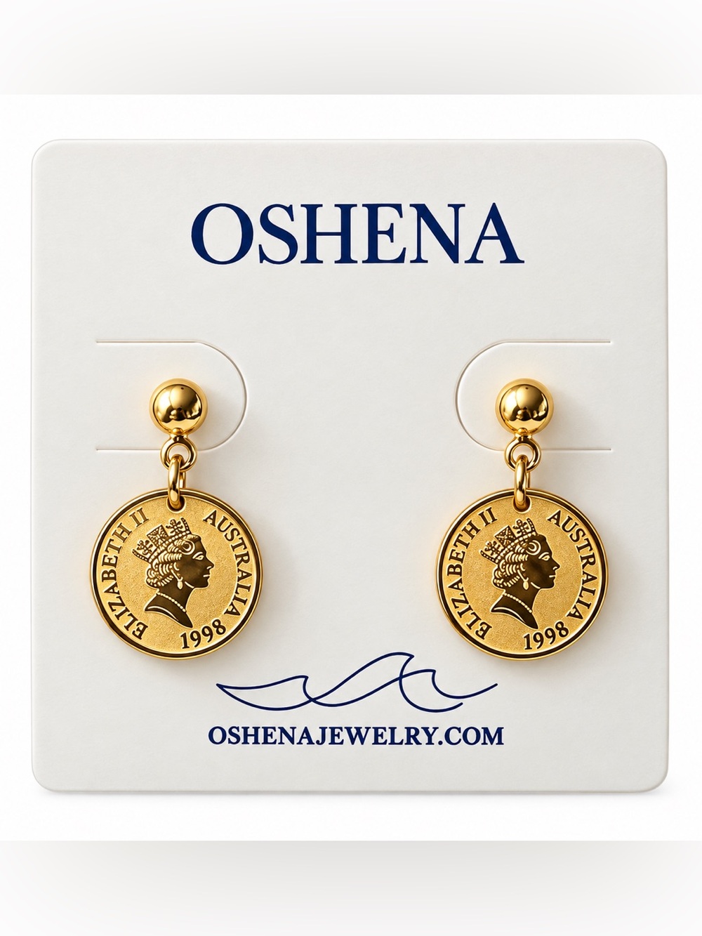 Oshena Designer beachwear Queen Elizabeth coin‎ Gold-Tone Earrings